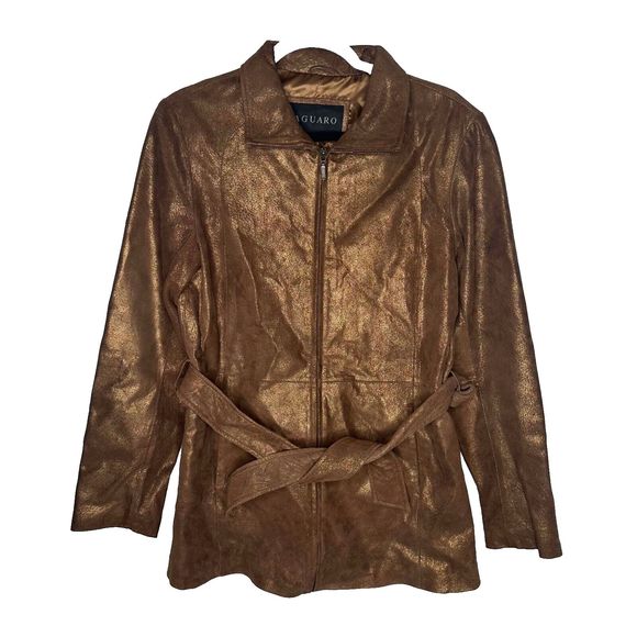 Vtg SAGUARO Shimmering Copper Brown LEATHER FULL ZIP Belted JACKET Sz M - Picture 1 of 9
